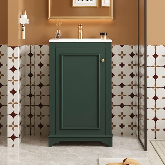 20 Inch Bathroom Vanity with Ceramic Sink, Freestanding Single Vanity Set with Soft Closing Door, Adjustable Shelf, Modern Style, Green, for Small Bathroom Space Saving