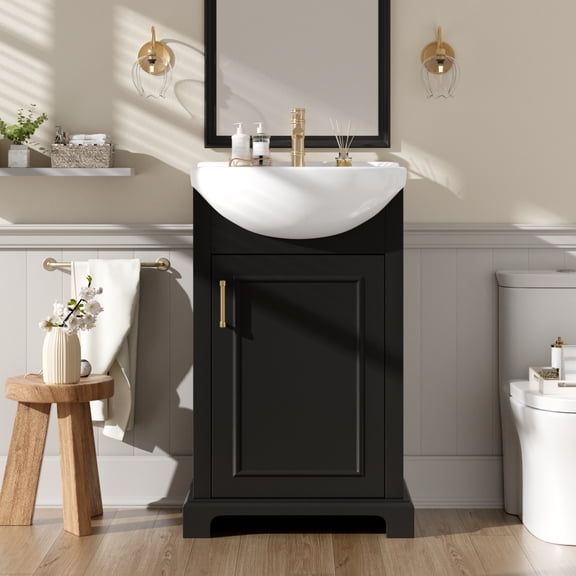 20-Inch Bathroom Vanity with Ceramic Sink – Freestanding Single Vanity Set with Soft-Closing Door, Bulged Ceramic Basin, French Style Storage Cabinet for Small Bathrooms (Black)