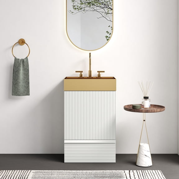 20 Inch Bathroom Vanity with Ceramic Sink, Freestanding White Fluted Bathroom Vanity Cabinet with Gold Finish Top, Soft Close Drawer & Door Storage, Modern Small Vanity for Powder Room