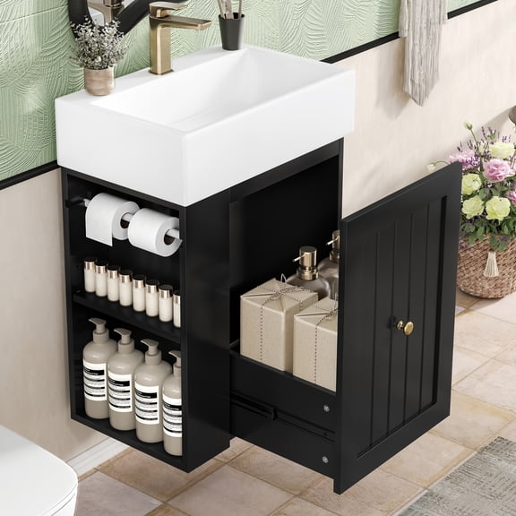 20-Inch Bathroom Vanity with Ceramic Sink, MDF Storage Cabinet with Drawer & Side Shelf, Space-Saving Modern Vanity with Golden Handle for Small Bathrooms, Black