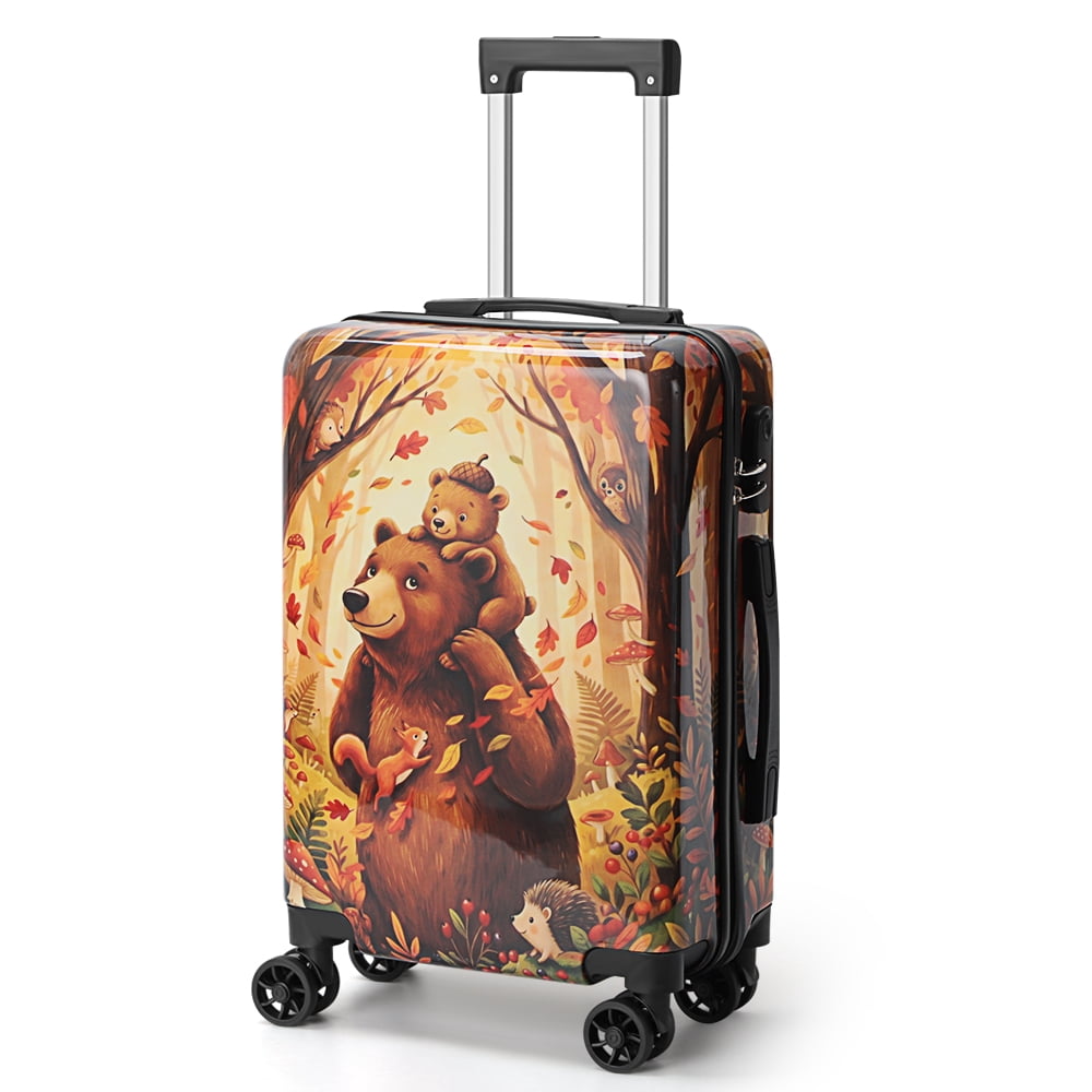20 Inch Bear Print Carry-On Luggage, Lightweight PC Hardshell Suitcase with Spinner Wheels, Cute Travel Luggage Set with Clear Cover for Women Men