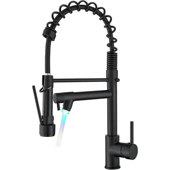 20 Inch Black Kitchen Faucet with Pull Down Sprayer, Dual Morden Commercial Single Handle Single Hole Double Spout LED Spring Kitchen Sink Faucet with Pot Filler, Matte Black