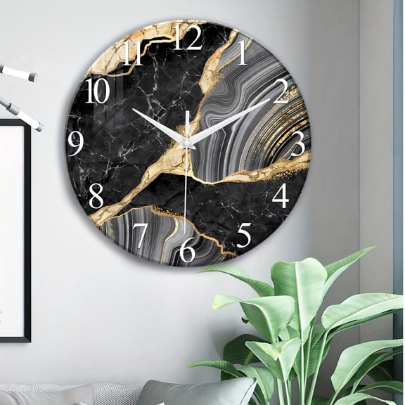 20 Inch Black Marble Tempered Glass Silent Wall Clock - Light Luxury Style
