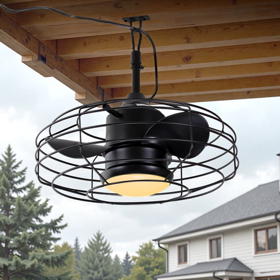 20 Inch Black Plug-in Caged Ceiling Fan with Light Remote - Walnut Blades, Gazebo Hanging, IP44 Waterproof Patio