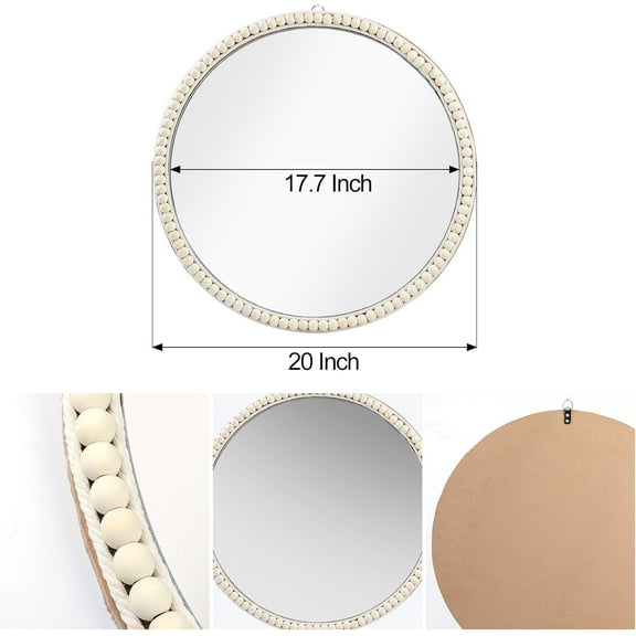 20 Inch Boho Beaded Round Mirror Wall Decor, Hanging Circle Nursery Mirror for Farmhouse, Living Room, Bedroom