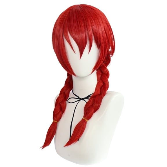 20-Inch Bright Red Double Braided Cosplay Hair Wig with Bangs for Festivals and Events