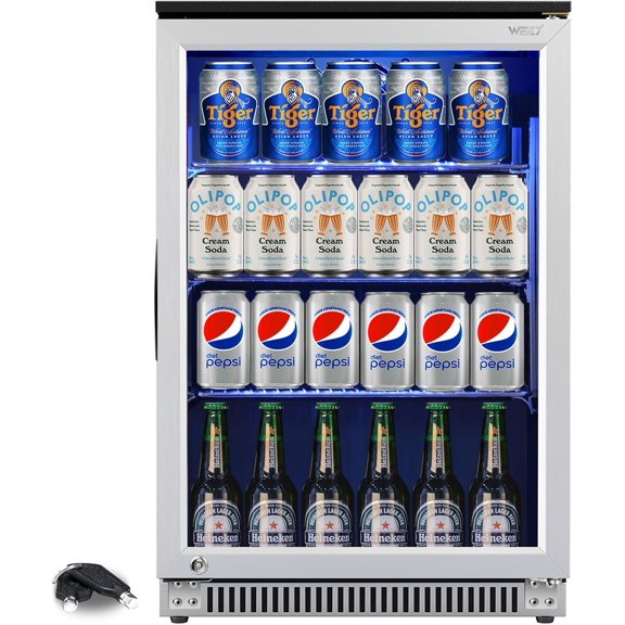 20 Inch Built in Beverage Refrigerator with Lock, Under Counter or Freestanding 120 Can Soda Beer Drink Cooler Fridge with Stainless Steel and Glass Door