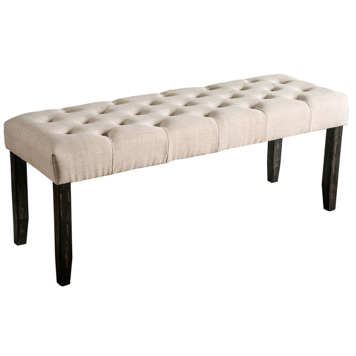 Antique Black Solid Wood 48" Bench with Beige Button Tufted Seat