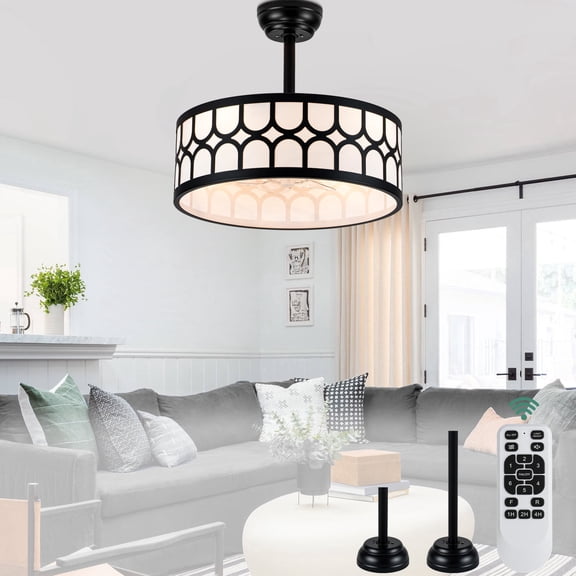Cusp Barn 20" Black Fabric Caged Ceiling Fan with Lights and Remote, 6 Speeds Bladeless Ceiling Fan for Bedroom