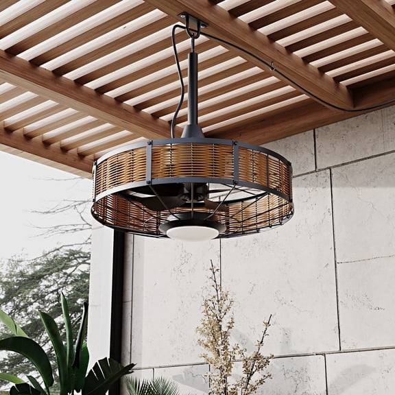 20-Inch Caged Waterproof Outdoor Ceiling Fan with Lights and Remote – 6-Speed Reversible, 3 Color Temperatures (Dimmable), Brown Plug-In Ceiling Fan with Cord for Patio, Porch, Pergola.