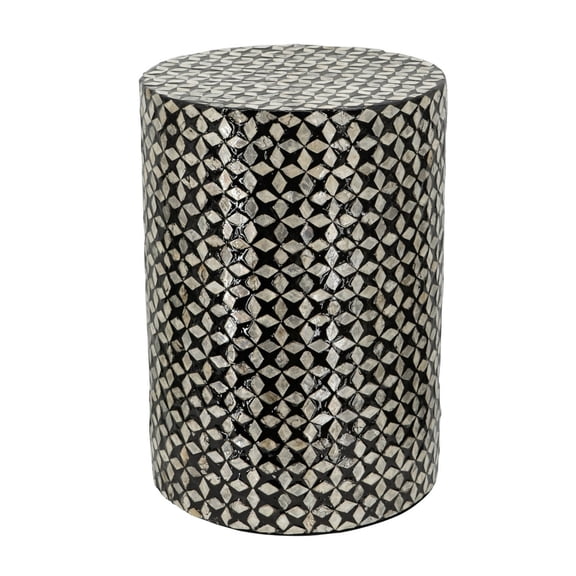 20 Inch Capiz Accent Stool Table Cylindrical Geometric Silver Black - Saltoro Sherpi