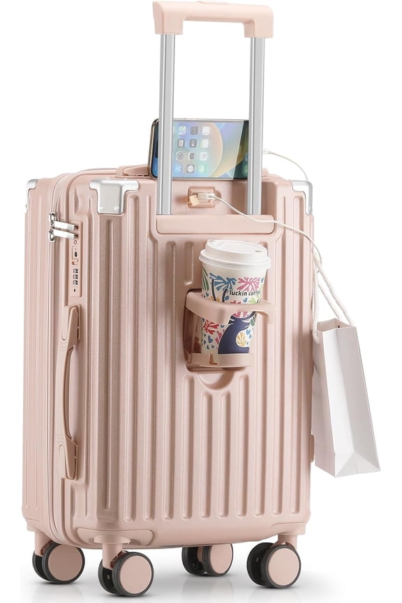 20 Inch Carry On Luggage With Cup Holder & USB Port, Airline Approved TSA-locked Luggage, Lightweight PC Material Travel Suitcase With 360° Spinner Wheel (20in-Pink, 20in)