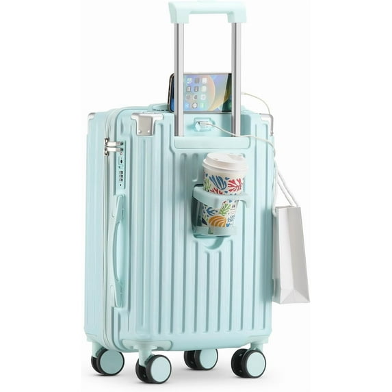 20 Inch Carry On Luggage With Cup Holder & USB Port, Airline Approved TSA-locked Luggage, Lightweight PC Material Travel Suitcase With 360° Spinner Wheel
