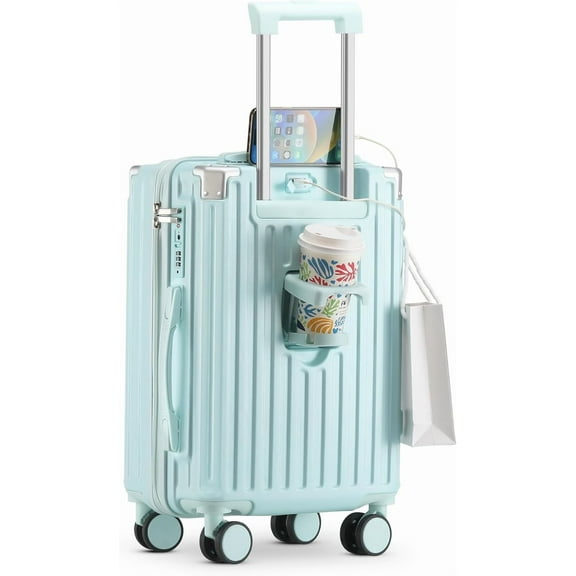 20 Inch Carry On Luggage With Cup Holder & USB Port, Airline Approved TSA-locked Luggage, Lightweight PC Material Travel Suitcase With 360 Spinner Wheel