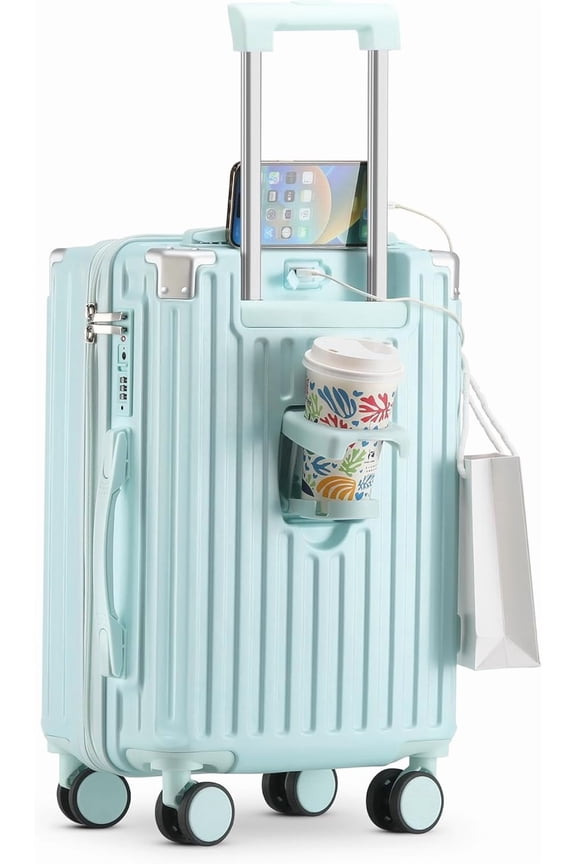 20 Inch Carry On Luggage With Cup Holder & USB Port, Airline Approved TSA-locked Luggage, Lightweight PC Material Travel Suitcase With 360 Spinner Wheel