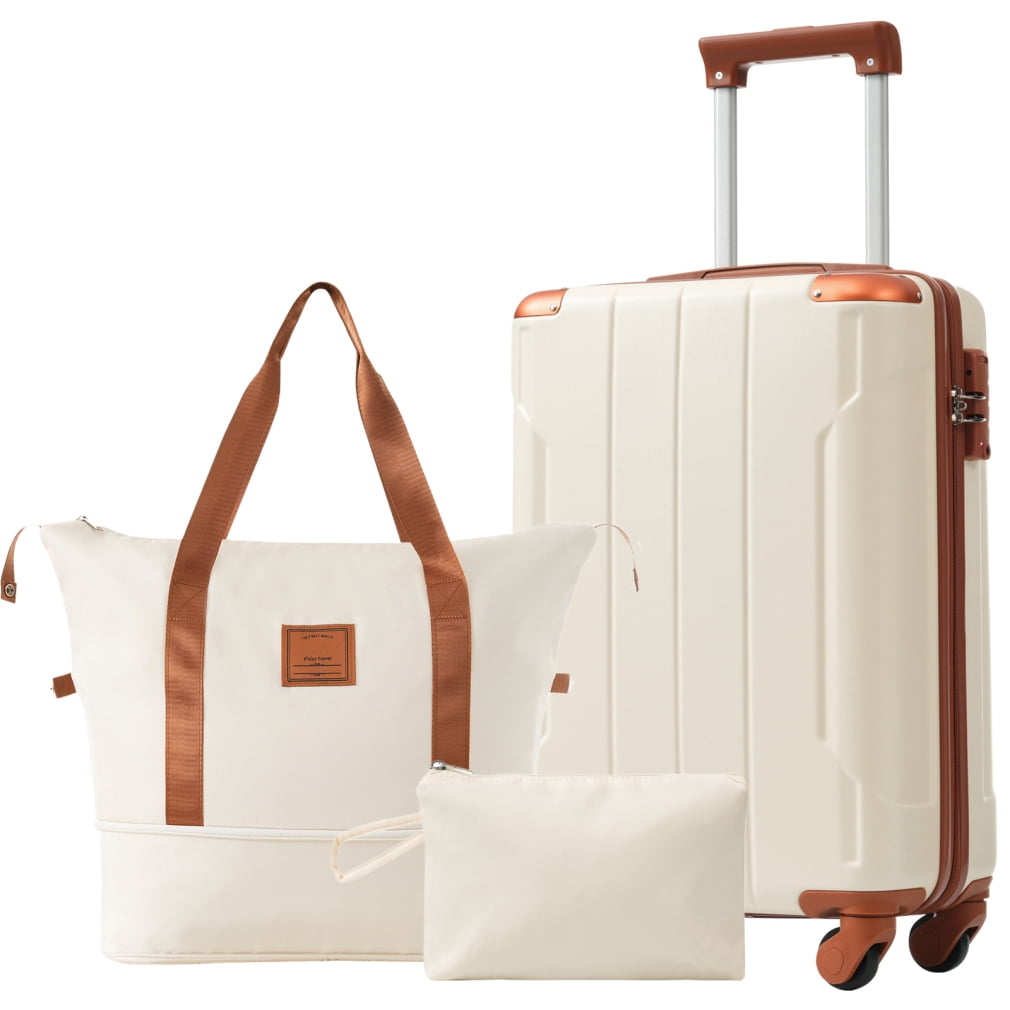 20 Inch Carry On Luggage Set 3 Pieces with Spinner Wheels, Lightweight Hardshell ABS Suitcase with Extra Bags for Weedend, Business Travel, White Brown