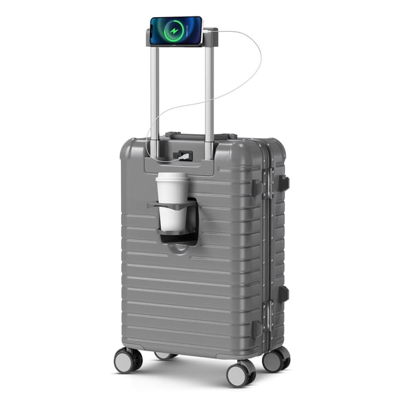 TIYFIY 20 in Zipperless Aluminum Frame PC ABS Hard Shell Carry on Suitcase, 360 Spinner TSA Lock, USB & Cup Holder, Irongray