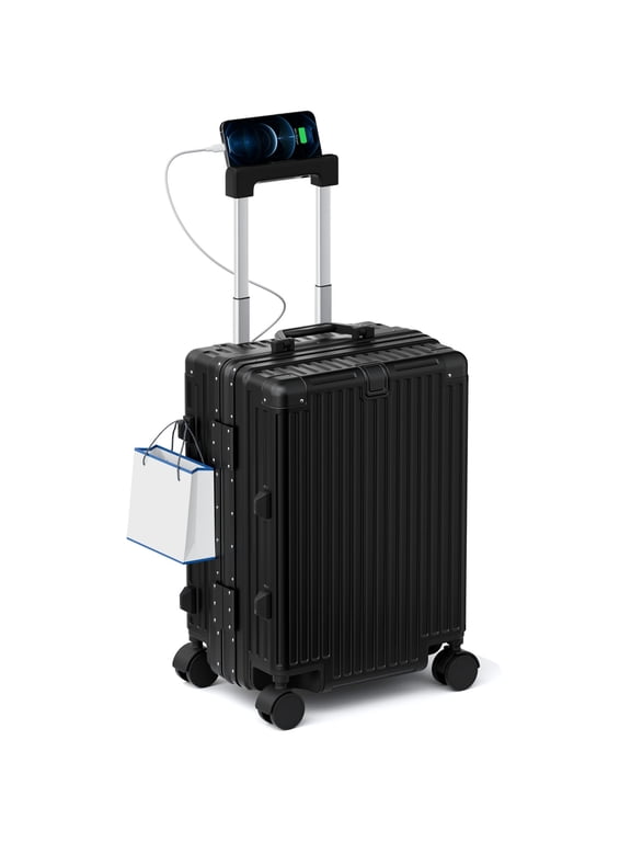 Zipperless Carry on Luggage, 20 inch Aluminum Frame PC ABS Hardside Suitcase with TSA Lock and Spinner Wheels, Black