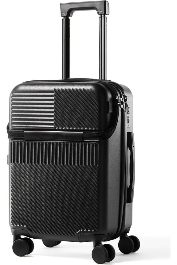20 Inch Carry- Luggage with Front Opening, Cup Holder & USB Port, Lightweight ABS+PC Hardshell Spinner Suitcase, Airline Approved, 360? Wheels, Black