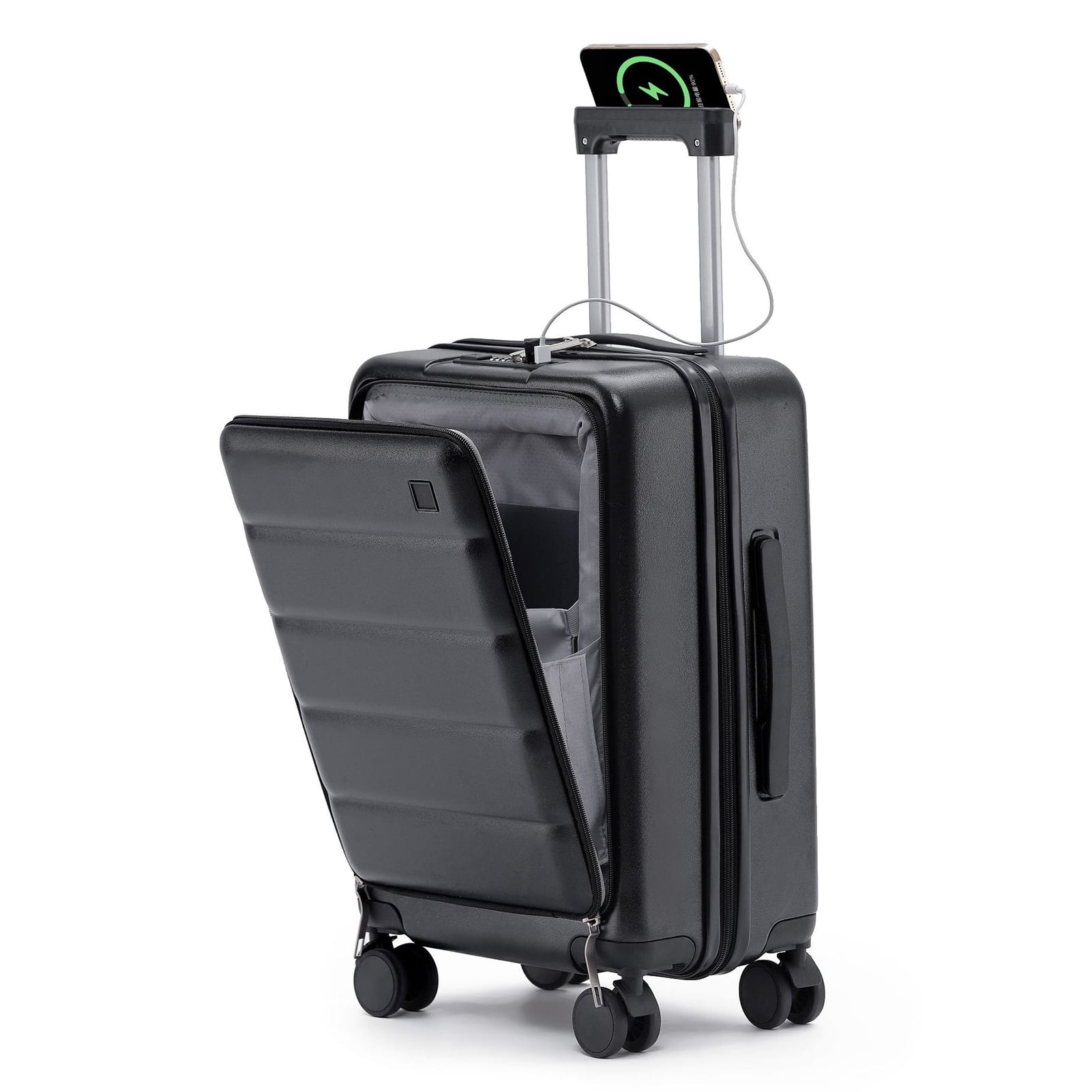 20 Inch Carry-On Luggage with Front Laptop Pocket, USB Charger Port & Cup Holder, 360 Degrees Spinner Wheels, Side Hook, Phone Stand , TSA Lock, Airline Approved Hard Shell Suitcase