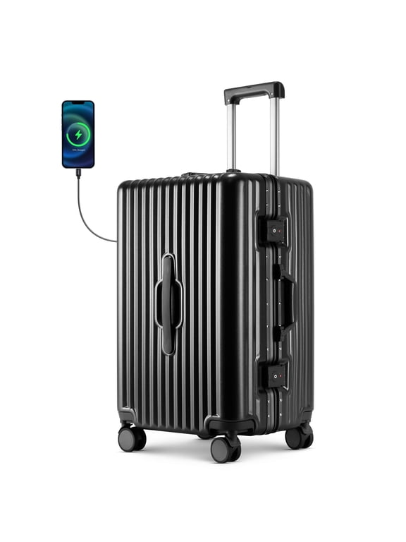 20 inch Carry on Luggage Airline Approved, PC ABS Hard Shell Suitcase with Aluminum Frame, TSA Lock, USB Port, Cup Holder & 360° Spinner Wheels, Black