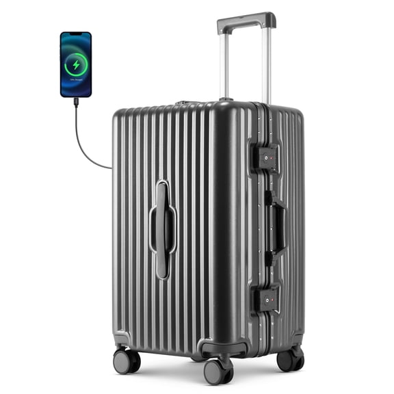 20" Zipperless Carry On Luggage, Aluminum Frame PC ABS Hard Shell Suitcase with 360 Spinner Wheels for Travel, Irongray