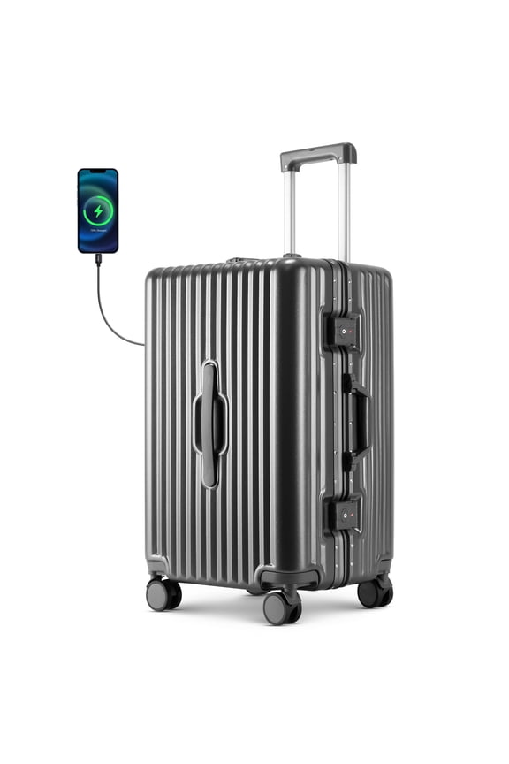 20" Zipperless Carry On Luggage, Aluminum Frame PC ABS Hard Shell Suitcase with 360 Spinner Wheels for Travel, Irongray