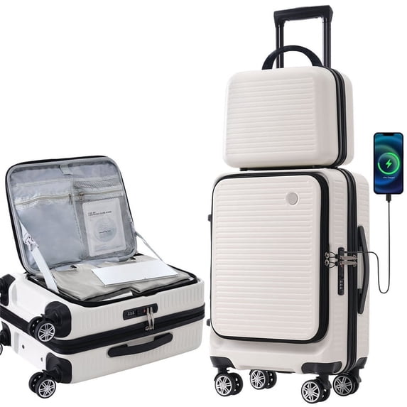 20 Inch Carry-on Luggage Front Open Luggage Lightweight Suitcase with Front Pocket and USB Port, 1 Portable Carrying Case for Travel Woman Men, White
