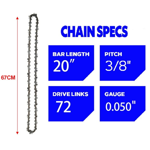 20 Inch Chainsaw Chain 72DL Drive Links  3/8" Pitch 0.050" Gauge Semi Chisel Saw Blade Replacement Garden Wood Cutting Pruning Tool 1/2/3 Pack