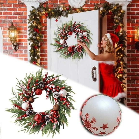 20 Inch Christmas Wreath for Front Door Outdoor Artificial Pine Wreath with Pine Cones Red Berries Bells Holiday Decor for Wall Table Fireplace Home Decoration