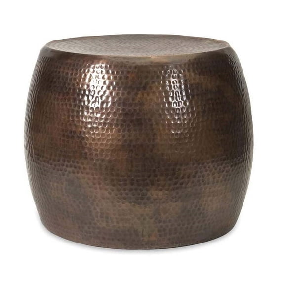 20 Inch Classic Iron Low Accent Table, Round Top, Drum Shape, Brown - Saltoro Sherpi