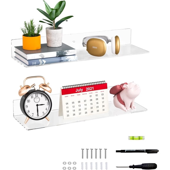 20 Inch Clear Wall Shelves for Wall, Wall Mounted Acrylic Floating Shelf for Plants, Speaker, Radio, Funko Pop, Stuffed Animal, Books, Cosmetics, Toiletries, 2 Pack (20 Inch)