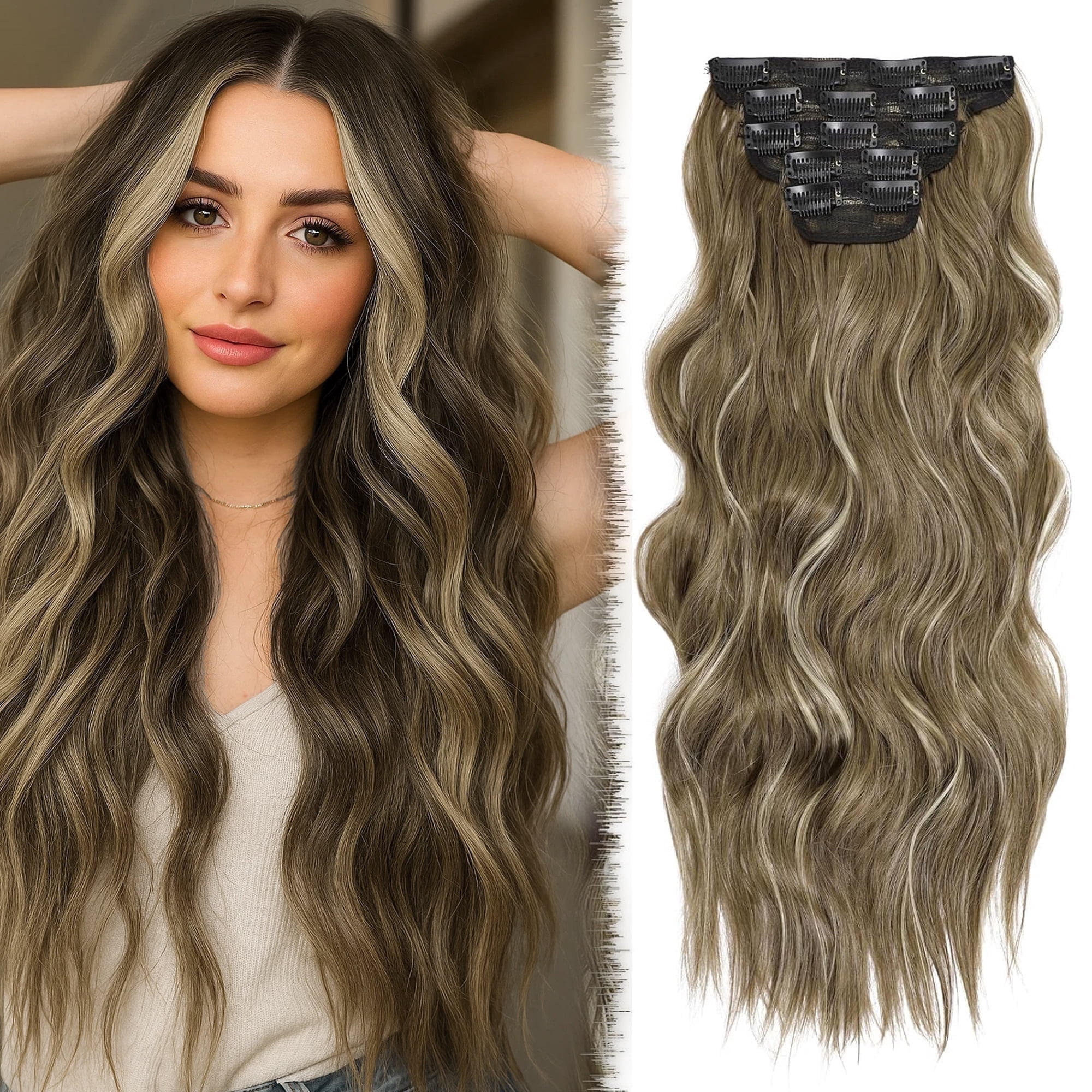 JUNGLE WAVE 20 Inch Clip in Synthetic Hair Extensions 4Pcs Light Brown ...