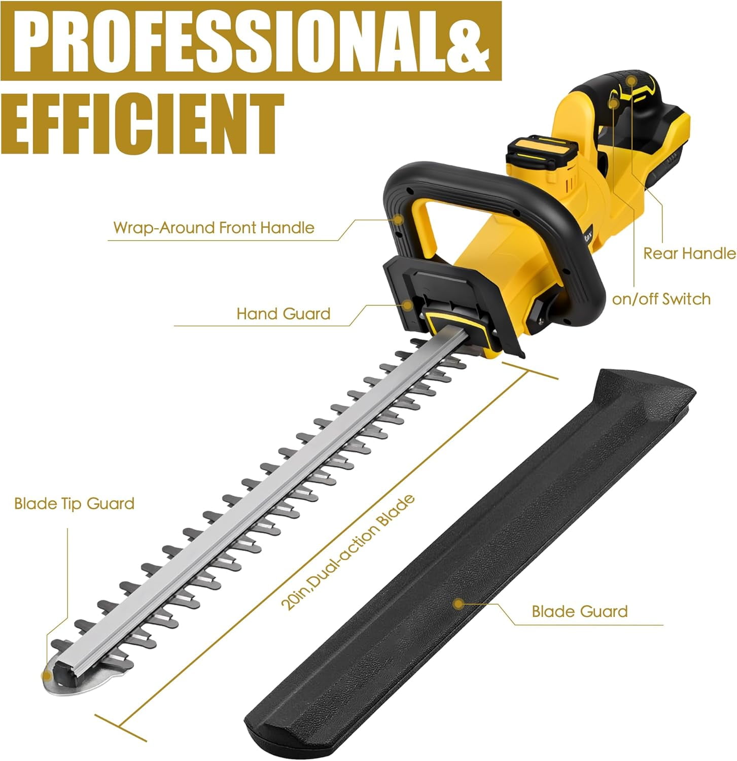 20-Inch Cordless Hedge Trimmer Compatible with DeWalt 20V Battery, Electric Dual-Action Blade for Garden Maintenance