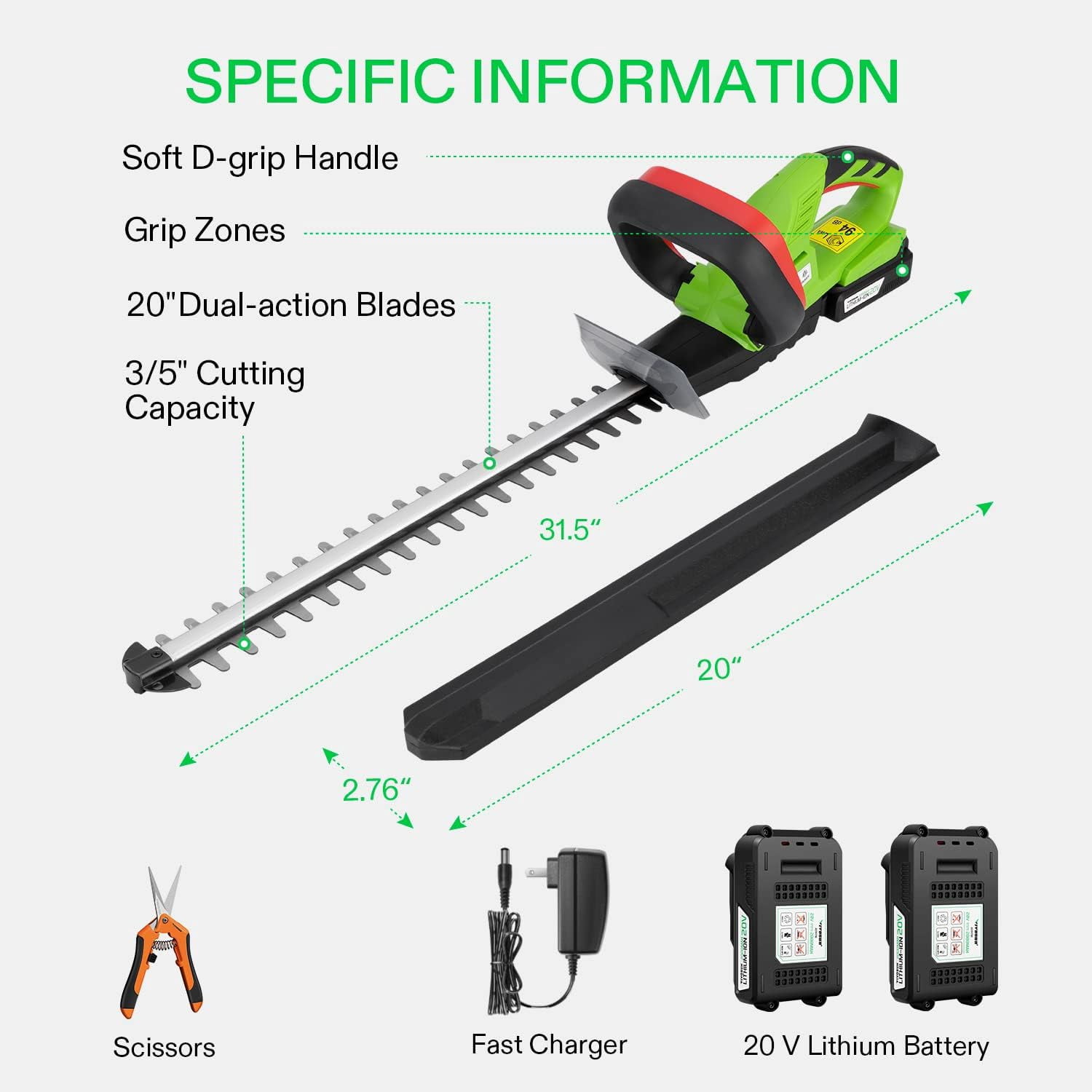 20 Inch Cordless Hedge Trimmer with Dual-Action Blade and 2 Batteries for Garden Shrub Pruning