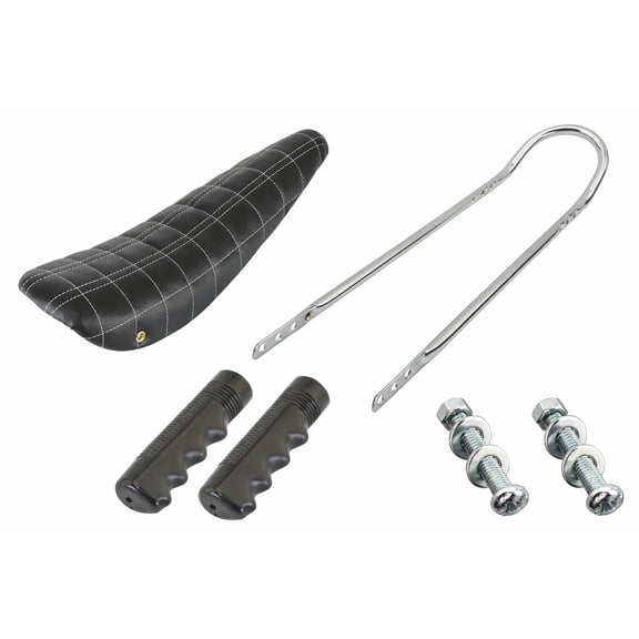 20 Inch Cruiser Bike Parts Kit Includes 20 2-Line Stitched Banana Saddle Vinyl All Black w/ White Stitch, Short Back Sissy Bar and grips