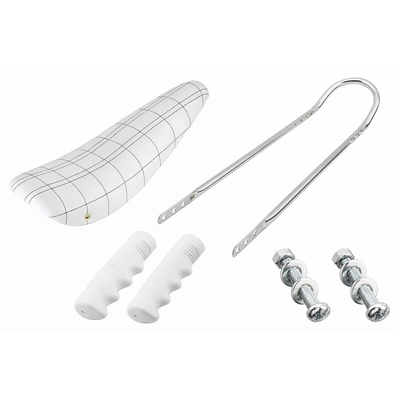 20 Inch Cruiser Bike Parts Kit Includes 20 2-Line Stitched Banana Saddle Vinyl All White w/ Black Stitch, Short Back Sissy Bar and grips