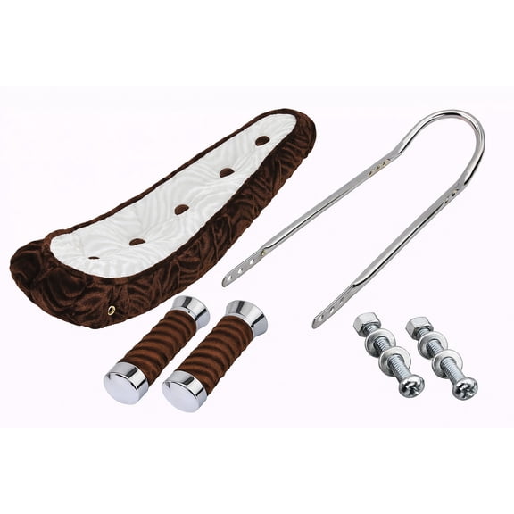 20 Inch Cruiser Bike Parts Kit Includes 20" Polo Saddle W/Button Brown/White.Custom Swirl Velour Grips. Short Back 24 Sissy Bar Chrome.