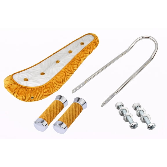 20 Inch Cruiser Bike Parts Kit Includes 20" Polo Saddle W/Button Gold White.Custom Swirl Velour Grips Short Back 24 Sissy Bar Chrome.