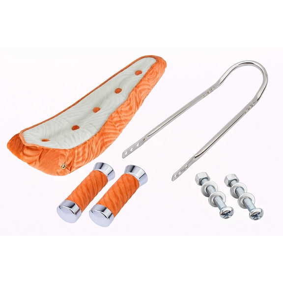 20 Inch Cruiser Bike Parts Kit Includes 20" Polo Saddle W/Button Orange/White.Swirl Velour Grips,Short Back 24 Sissy Bar Chrome.