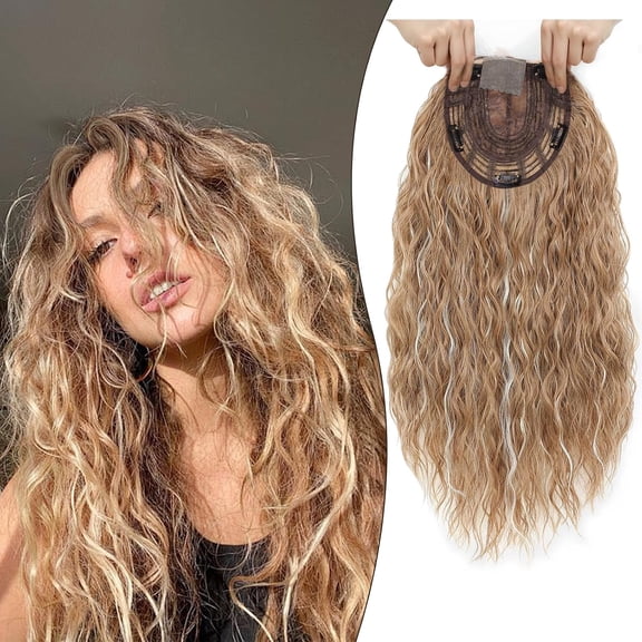 20 Inch Curly Hair Topper for Women with Thinning Hair Synthetic Lightweight & Breathable Hairpiece 6.5x6.5 Base - Curly Clip In Topper Adds Volume and Wiglets Full Coverage (Dark Blonde)