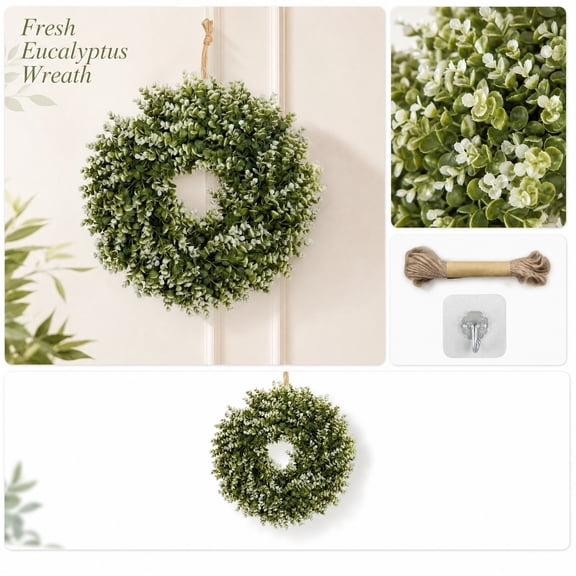 20 Inch Decorative Wreath, Artificial Eucalyptus, Frosted Leaves, Uv Resistant Outdoor Greenery, Complete with Jute Rope Hook for Easy Hanging, for Entryway Wall Window Patio