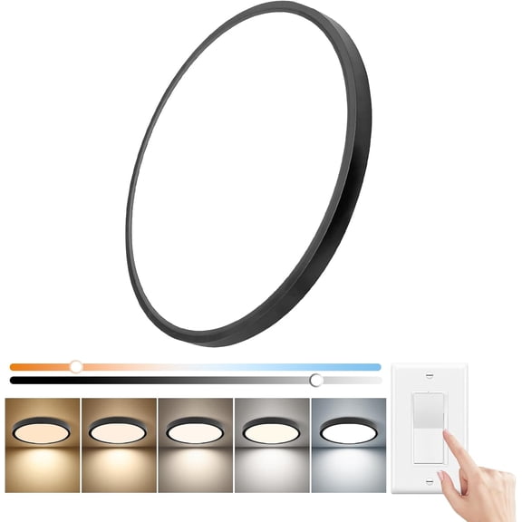 20 Inch Dimmable LED Flush Mount Ceiling Light, 40W,4350LM, 2700K/3000K/4000K/5000K/6000K CCT Selectable ,Round Flat Panel Light Low Profile Fitures for Hallway/Kitchen/Bedroom, Black