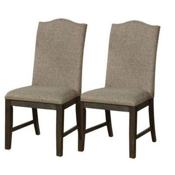 Benjara 20 Inch Dining Chair, Set of 2, Gray Fabric, Espresso Wood, Nailhead Trim