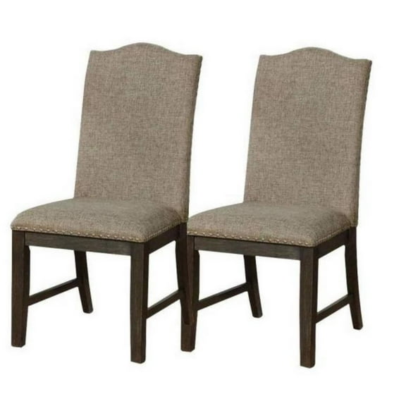 Benjara 20 Inch Dining Chair, Set of 2, Gray Fabric, Espresso Wood, Nailhead Trim