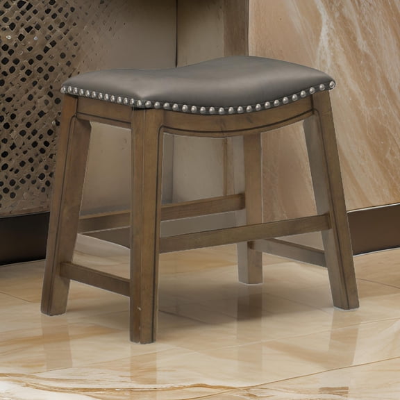 20 Inch Dining Stool, Gray Faux Leather, Brown Wood, Nailhead Trim