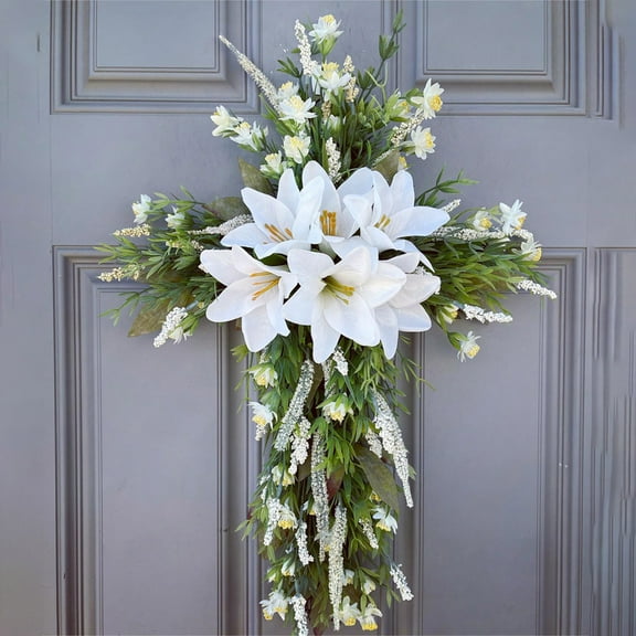 20 Inch Easter Lily Wreath Cross Door Sign Wooden Hanging Decorations Artificial Lily Flowers Easter Decor Christian Spring Jesus Hanger for Farmhouse Front Door Porch Wall Decor