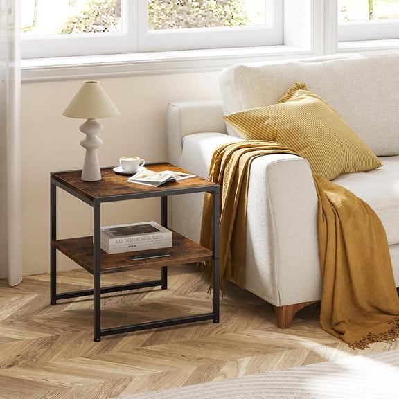 20 Inch End Table with Charging Station Industrial Side Table USB Ports Outlets Rustic Brown