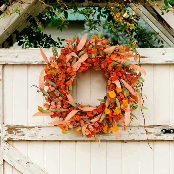 20-Inch Fall Wreath for Front Door - Silk Orange Leaves & Berries, Rust-Resistant Hook, Weather-Resistant Indoor/Outdoor Decor for Thanksgiving & Autumn Yellow
