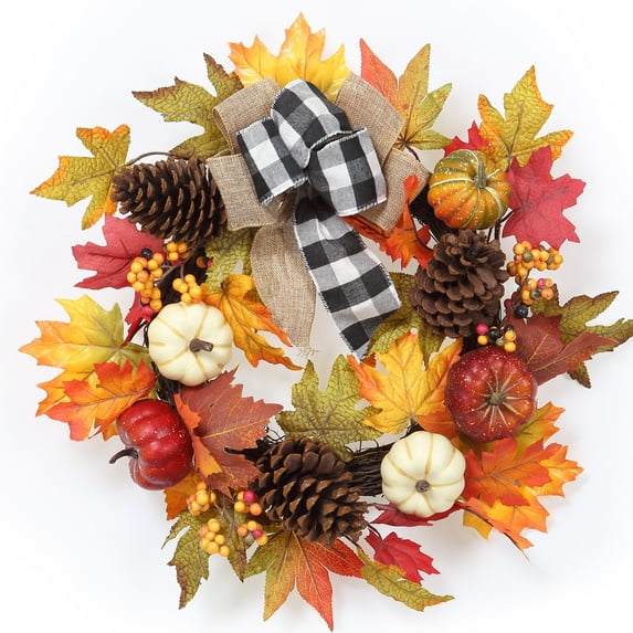 20 Inch Fall Wreath for Front Door, Farmhouse Autumn Pumpkin Maple Leaves Wreath for Thanksgiving Harvest Indoor Outdoor Porch Decor